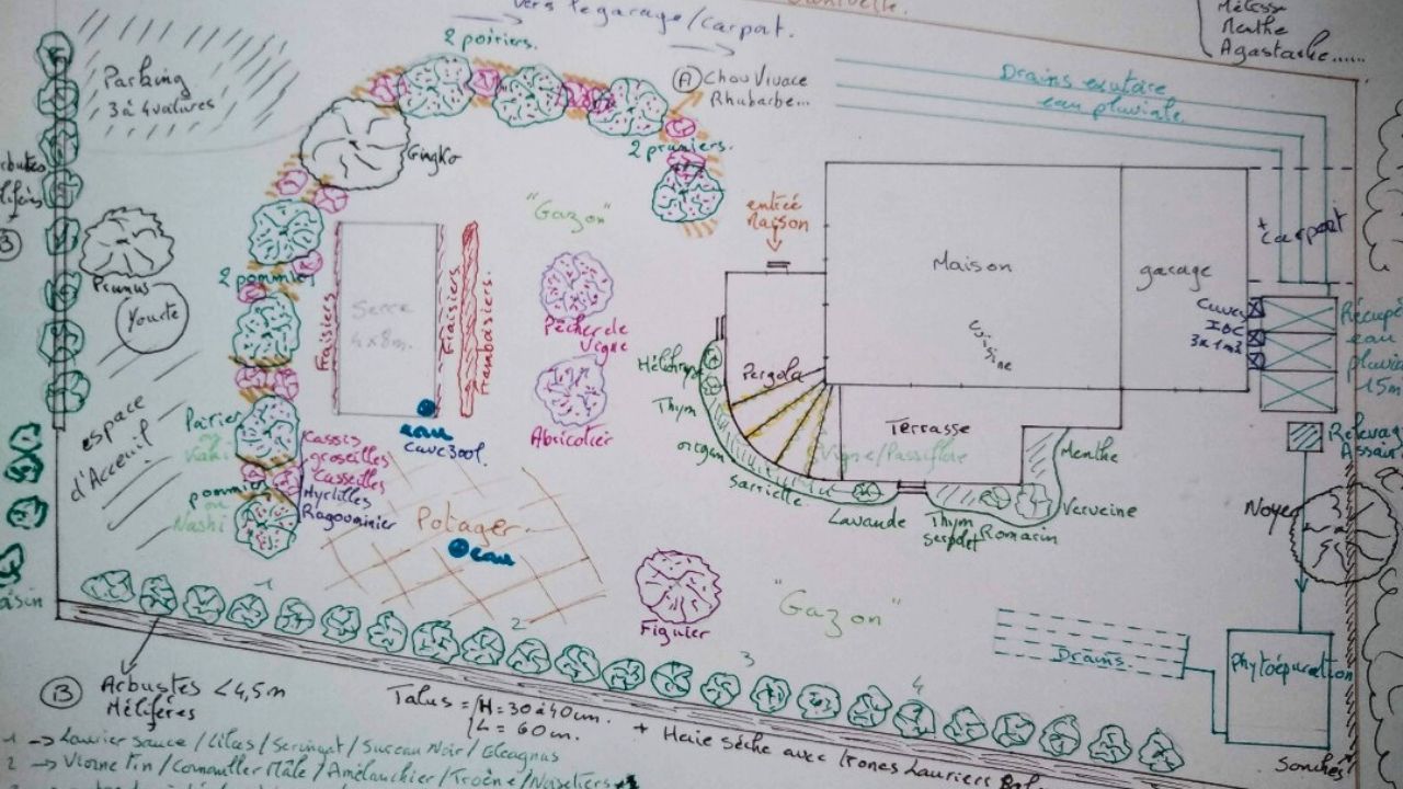 Exemple de croquis d'aménagement paysagiste avec la permaculture.
